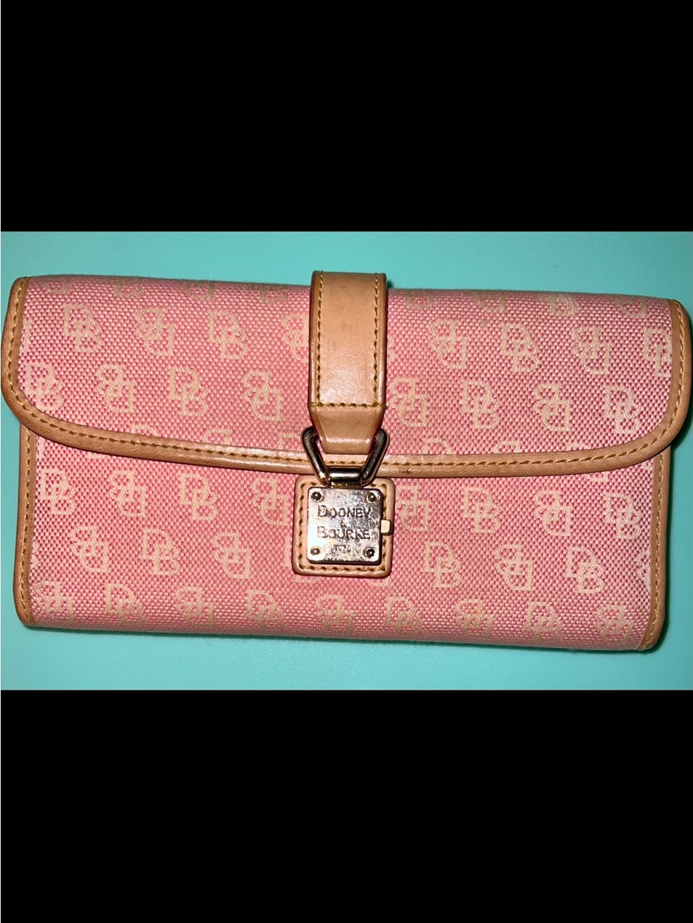 Y2K Era Dooney & Bourke Pink Signature Continental Wallet with Tan Trim